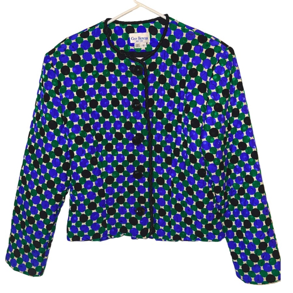 Vintage Gay Boyer 100% Silk Quilted Polka Dot Multi-Color Blazer Jacket Size 12